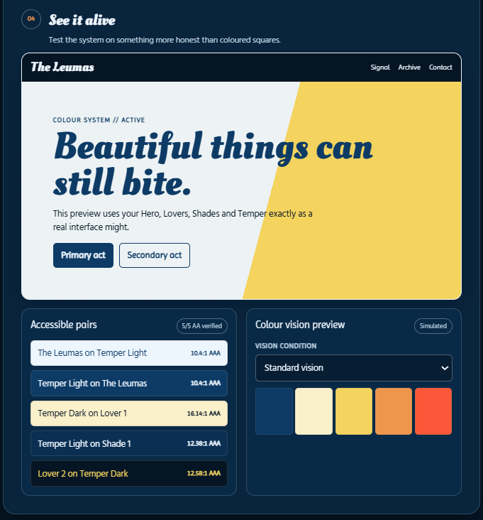 CursedAllure live interface preview, accessible colour pairs and simulated colour vision preview