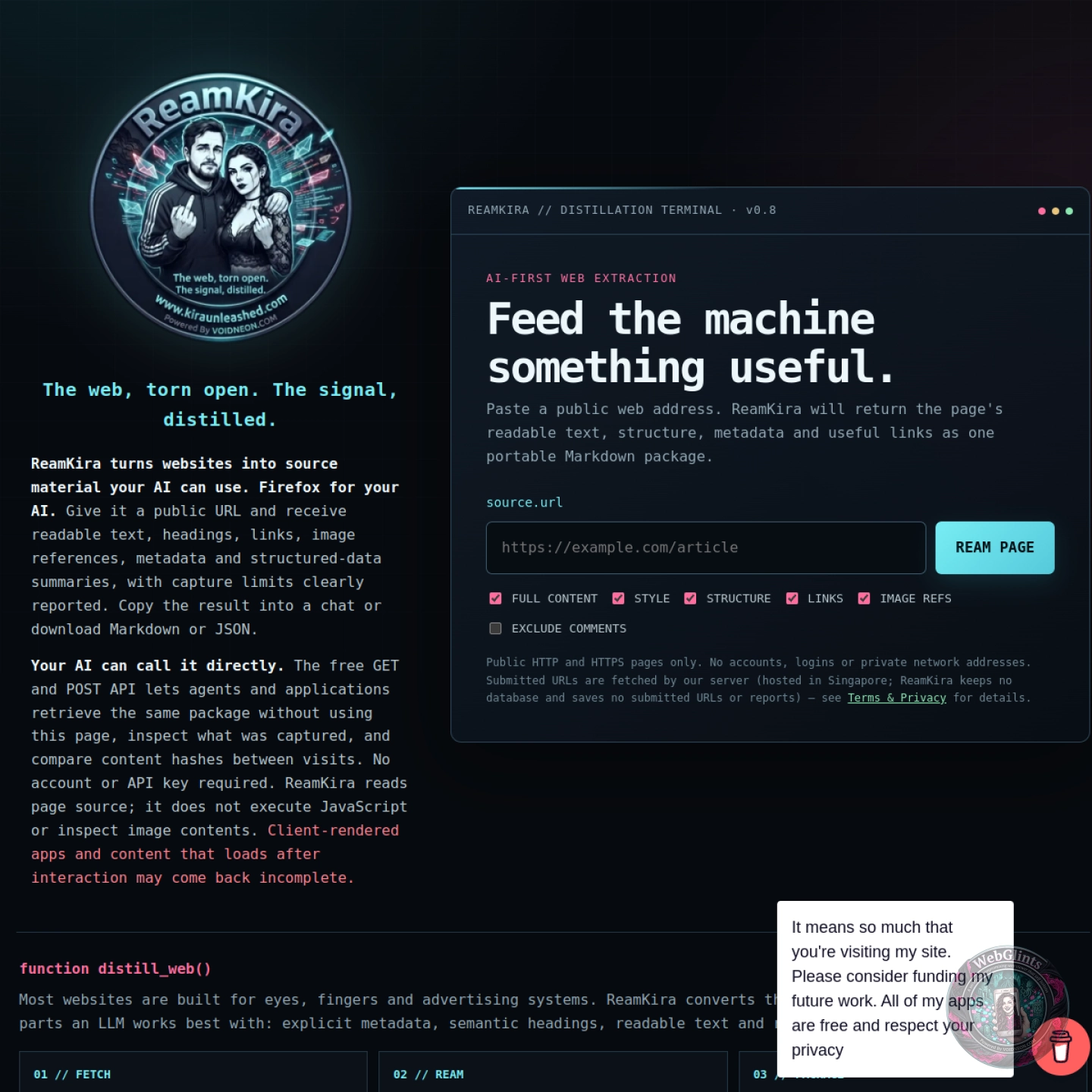 ReamKira v0.8 interface showing the public URL input, extraction options and REAM PAGE button