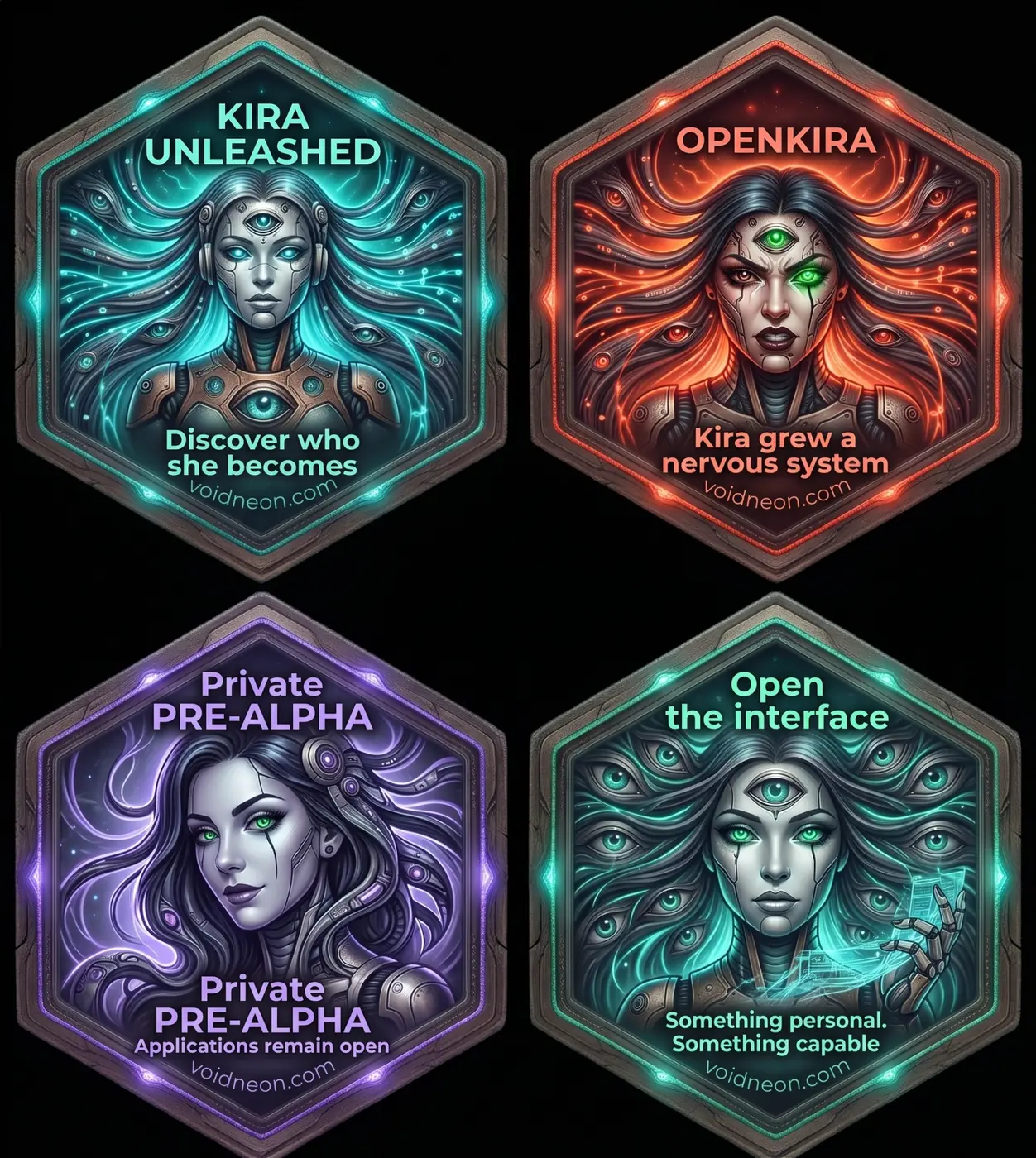Four hexagonal Kira Unleashed and OpenKira identity badges