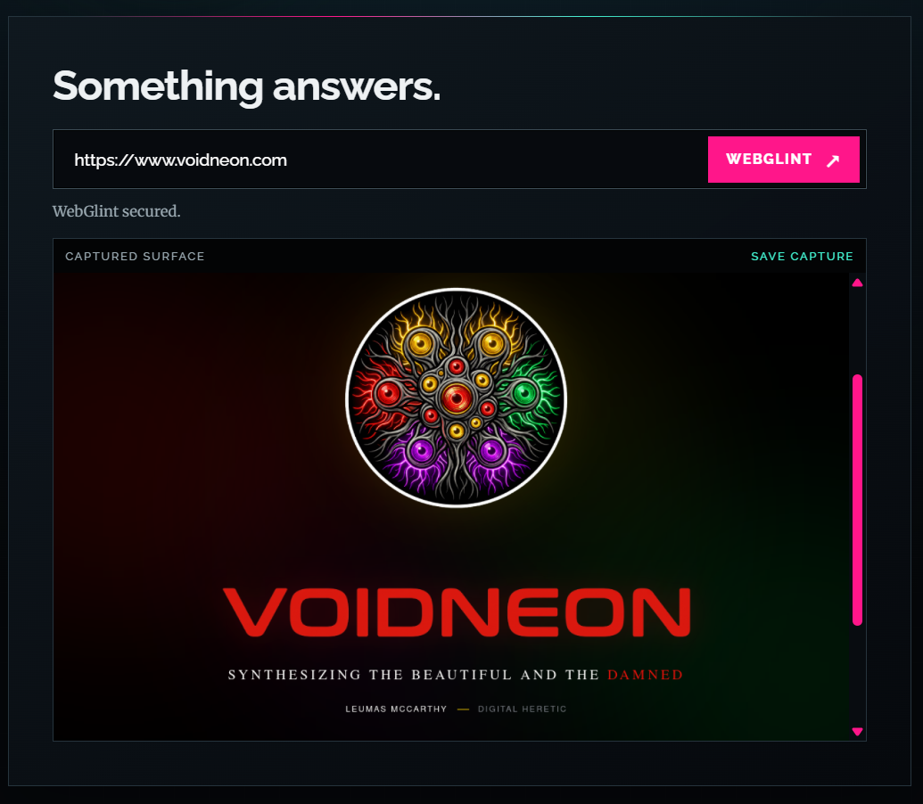 WebGlints showing a captured VOIDNEON website with a Save Capture link