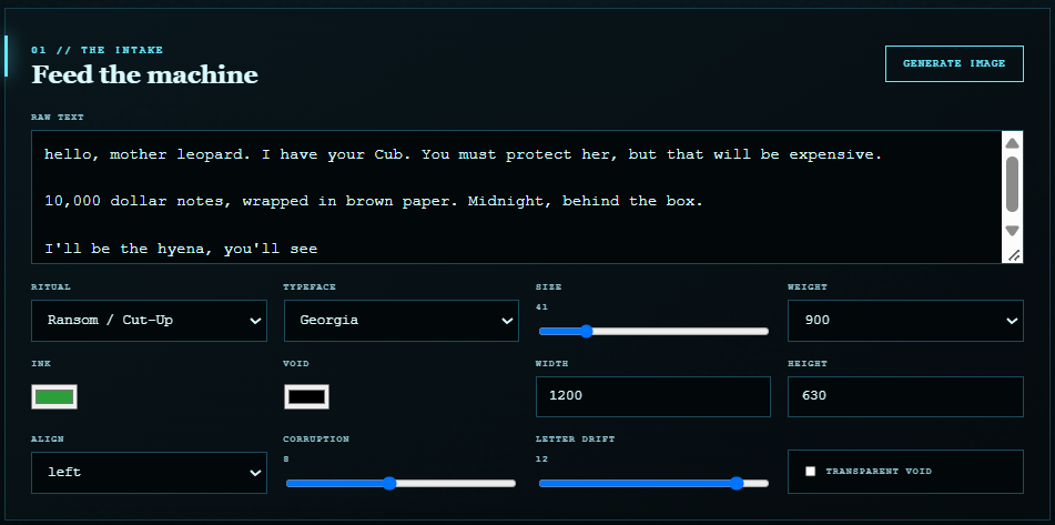 WordLaunder intake controls for text, typography, colours, dimensions, alignment, corruption and letter drift
