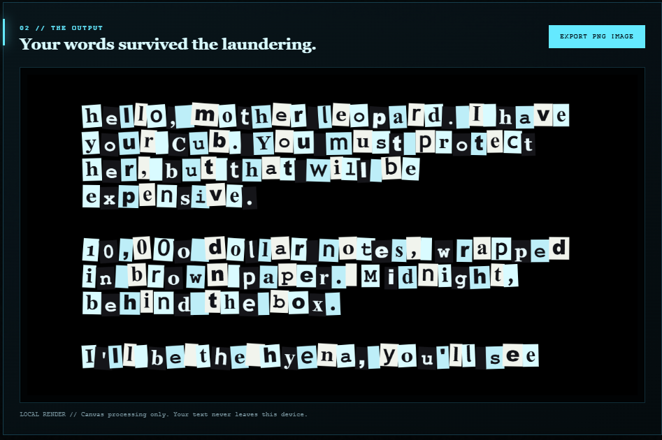 WordLaunder output showing a ransom-style cut-up typography example and an Export PNG Image button